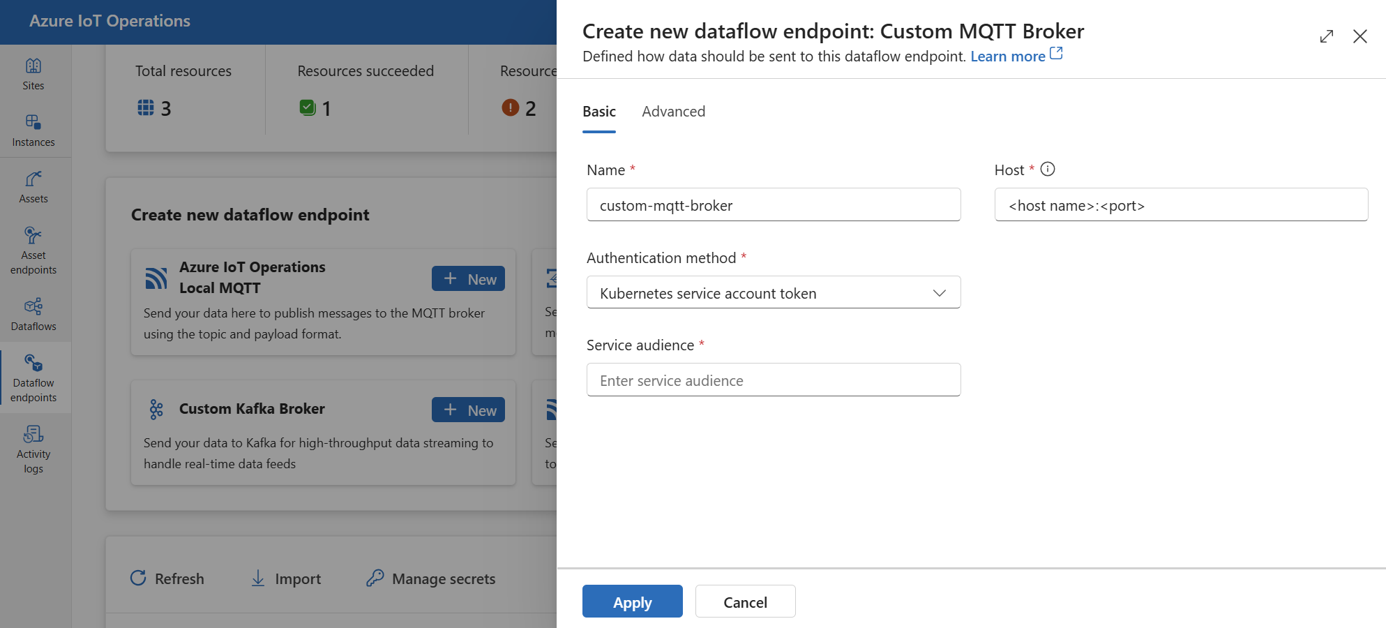 Screenshot: Verwenden der Einsatz-Benutzeroberfläche zum Erstellen eines benutzerdefinierten MQTT-Brokerendpunkts