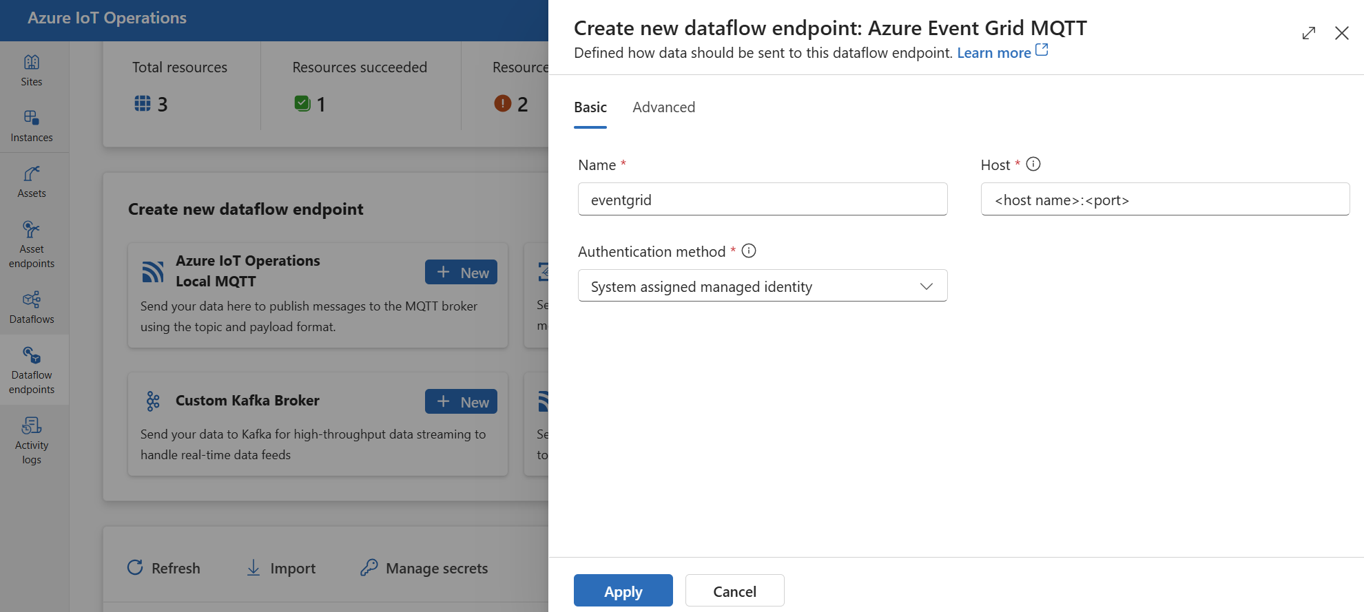 Screenshot: Verwenden der Einsatz-Benutzeroberfläche zum Erstellen eines Azure Event Grid-Endpunkts