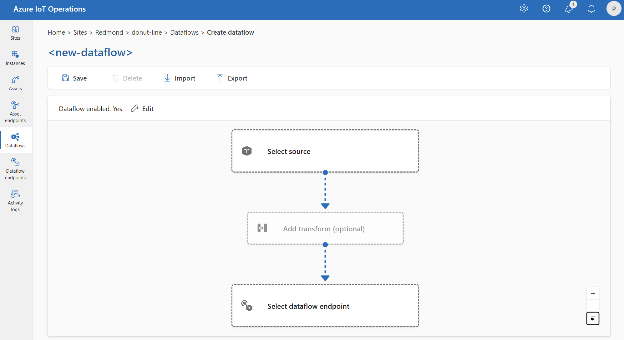 Screenshot: Verwenden der Einsatz-Benutzeroberfläche zum Erstellen eines Dataflows