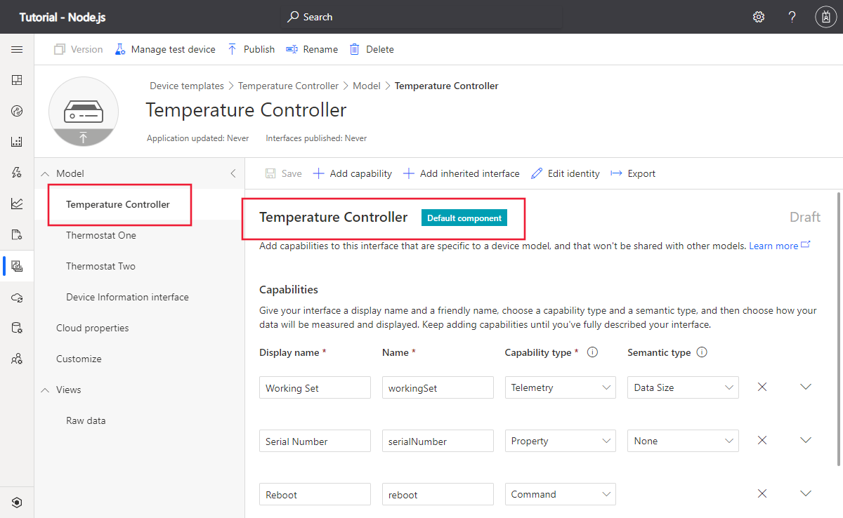 Screenshot mit der Gerätevorlage für den Temperaturregler in IoT Central