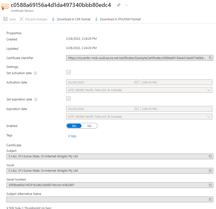 Eigenschaften eines neu importierten Zertifikats im Azure-Portal