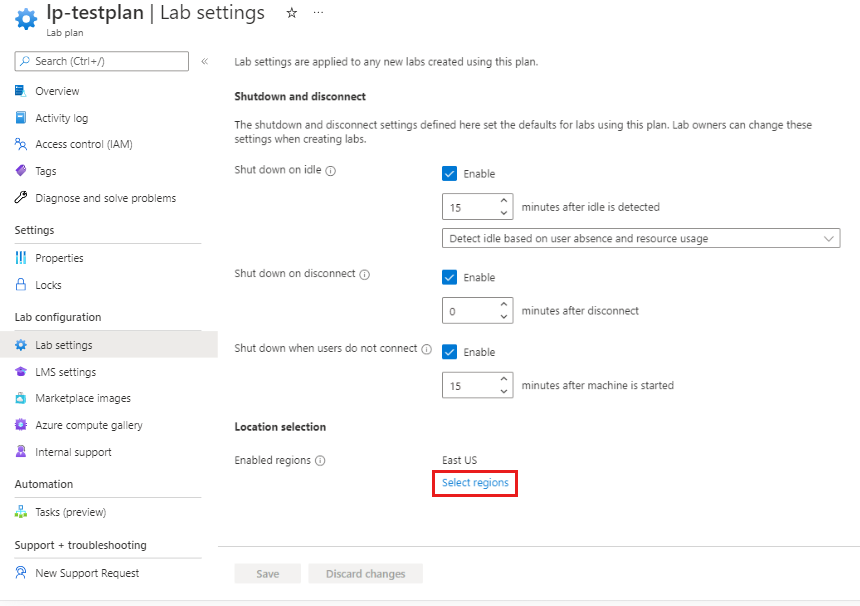 Screenshot der Seite „Labeinstellungen“ mit hervorgehobener Option „Regionen auswählen“