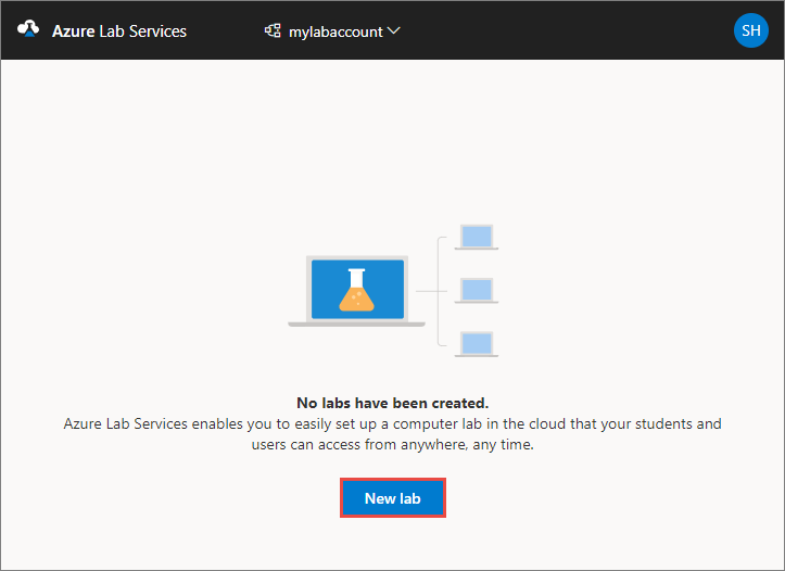 Screenshot mit der Azure Lab Services-Website, auf der die Schaltfläche „Neues Lab“ hervorgehoben wird