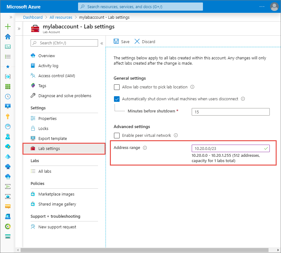 Screenshot: Seite mit den Lab-Einstellungen für ein Labkonto im Azure-Portal mit hervorgehobener Option zum Konfigurieren eines Adressbereichs.