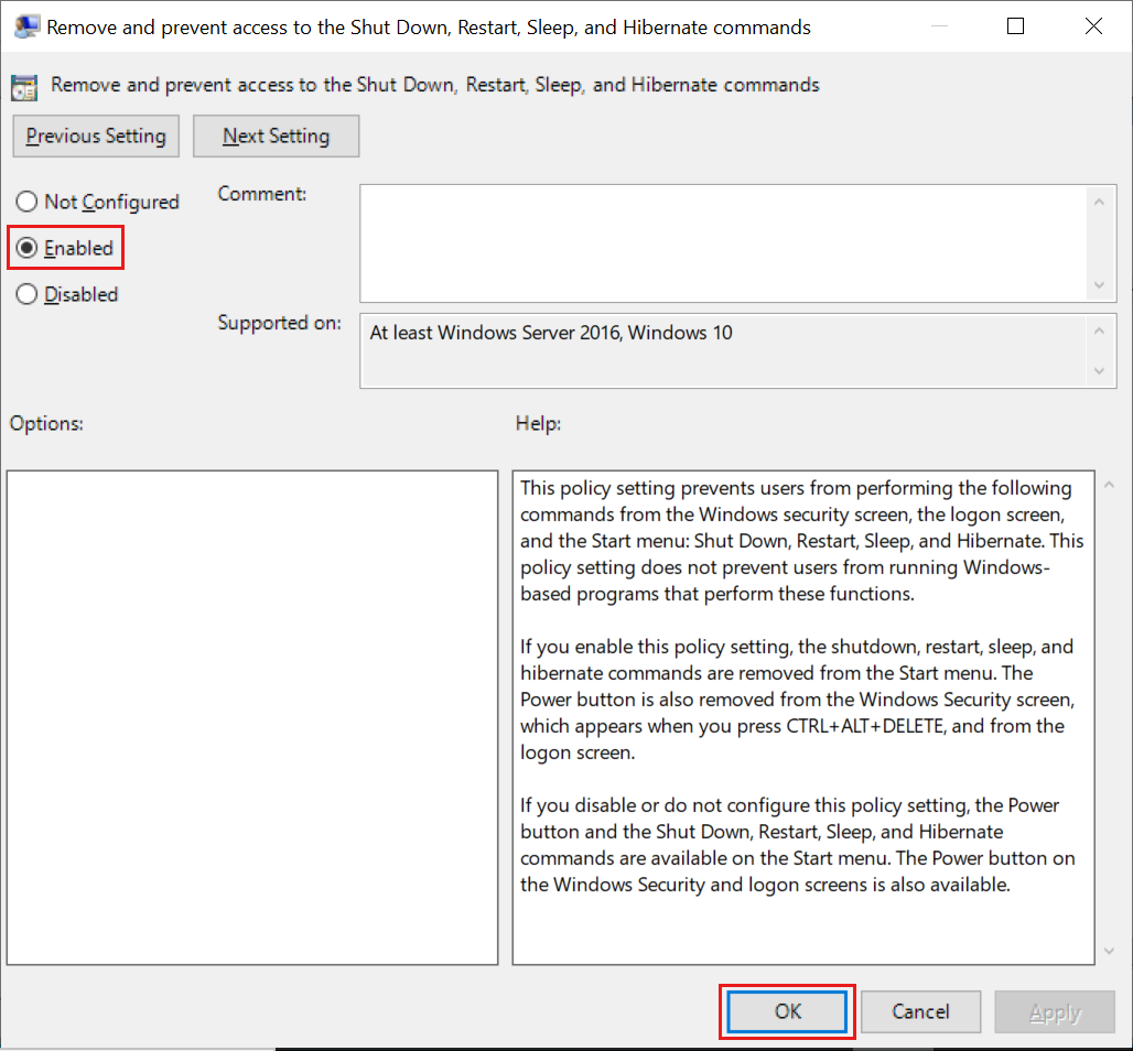 Screenshot des Dialogfelds „Befehle „Herunterfahren“, „Neu starten“, „Energie sparen“ und „Ruhezustand“ entfernen und Zugriff darauf verweigern“ unter Windows