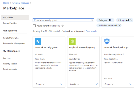 Screenshot des Azure Marketplace mit der Kachel „Virtual Network-Sicherheitsgruppe“.