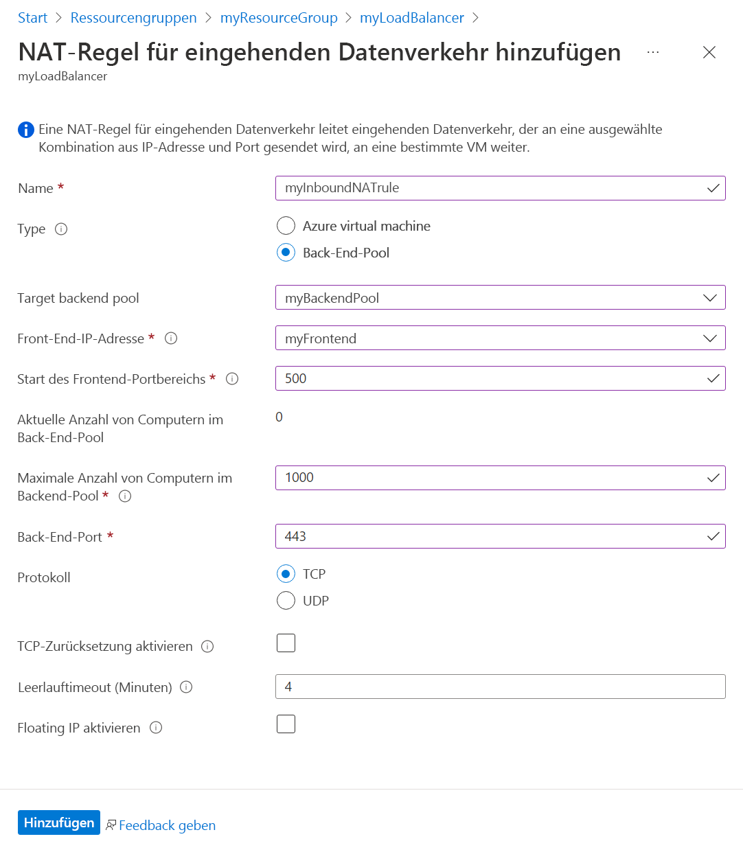 Screenshot: NAT-Regel für eingehenden Datenverkehr mit mehreren virtuellen Computern.