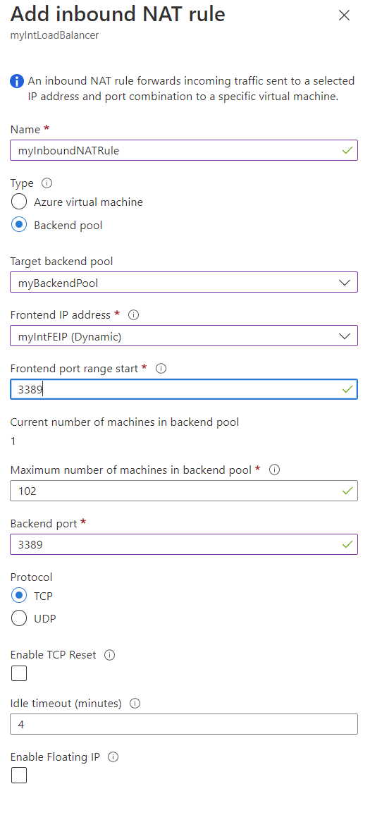 Screenshot der Erstellungsseite „NAT-Regel für eingehenden Datenverkehr hinzufügen“ für einen Back-End-Pool.