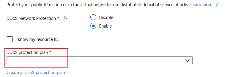 Screenshot des Aktivierens von DDoS während der Erstellung eines virtuellen Netzwerks.