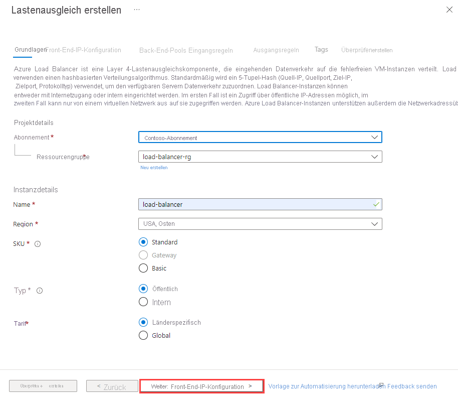 Screenshot: Registerkarte „Grundlagen“ zum Erstellen einer Load Balancer Standard-Instanz