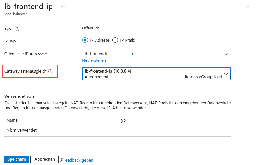 Screenshot: Hinzufügen der Gateway Load Balancer-Instanz zur Front-End-IP.