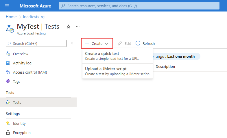 Screenshot, der die Optionen zum Erstellen eines neuen Tests im Azure-Portal zeigt.