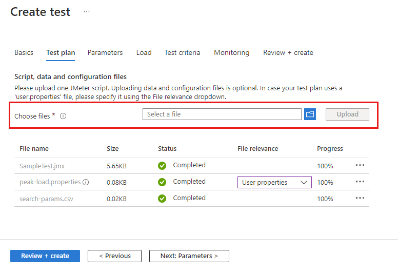 Screenshot der Testplanseite zum Erstellen eines Tests im Azure-Portal mit hervorgehobener Uploadfunktion.