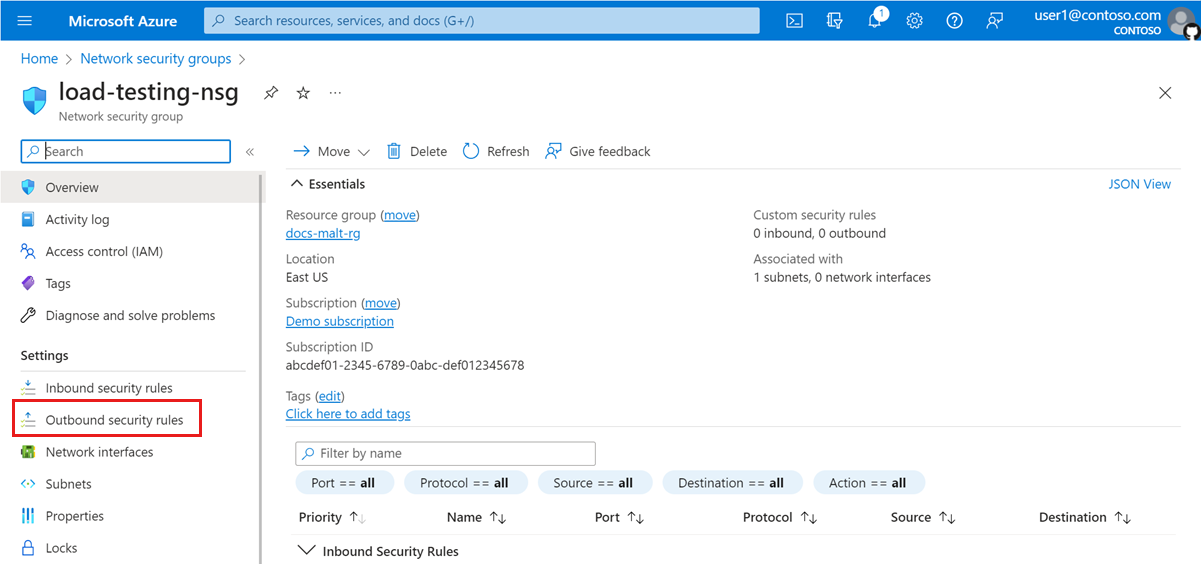 Screenshot: Übersichtsseite der Netzwerksicherheitsgruppe im Azure-Portal mit hervorgehobenen Ausgangssicherheitsregeln