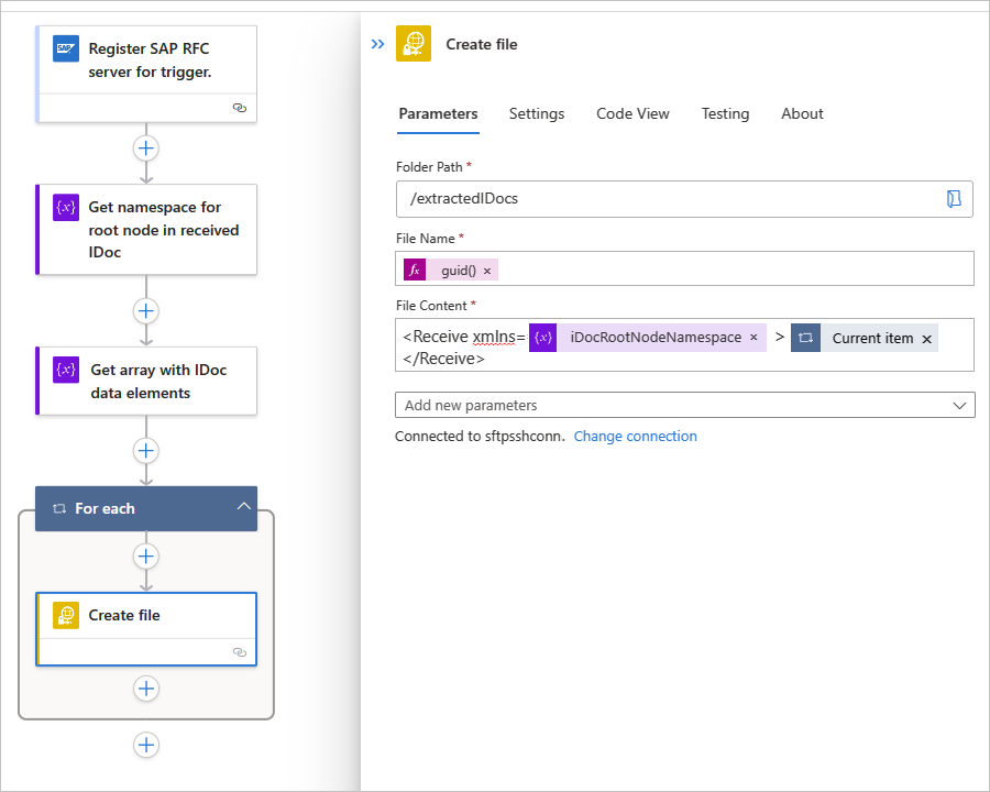 Screenshot: Senden eines IDoc an einen SFTP-Server aus einem Standardworkflow.