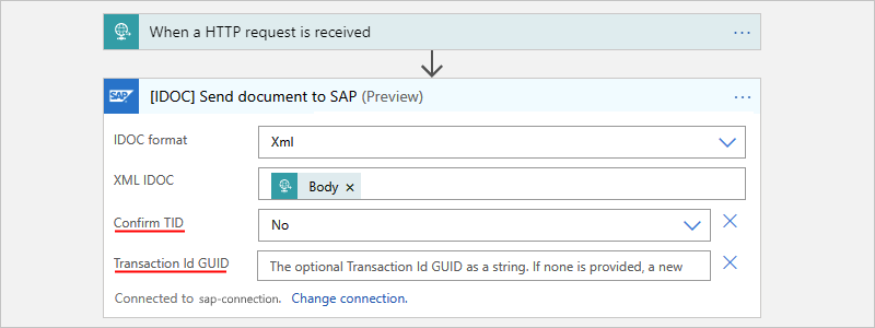 Screenshot: Verbrauchsworkflow mit der Aktion mit dem Namen „IDOC Dokument an SAP senden“.