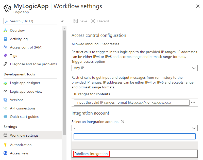 Screenshot des Azure-Portals, Menü „Integrationskonto“ mit der geöffneten Seite „Workflow-Einstellungen“ und der geöffneten Liste „Ein Integrationskonto wählen“.