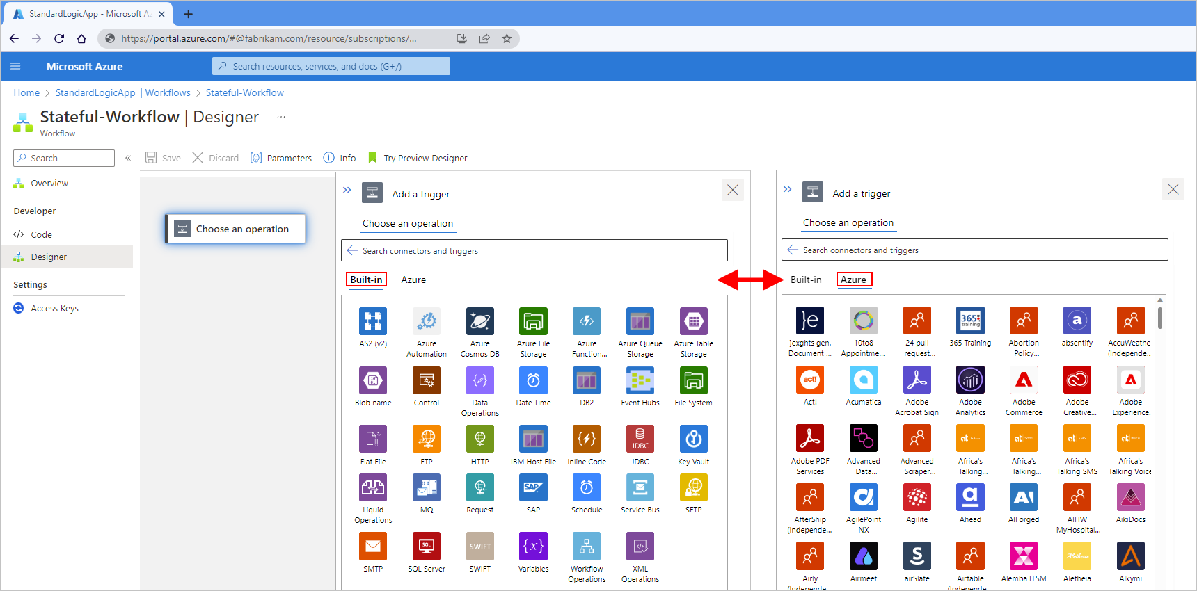 Screenshot: Azure-Portal, Logik-App-Standardworkflow-Designer und verfügbare Connectors abhängig davon, ob die Registerkarte „Integriert“ oder „Azure“ ausgewählt ist.