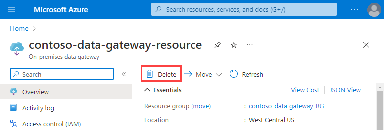 Screenshot der Ressource des lokalen Datengateways im Azure-Portal. Auf der Symbolleiste ist „Löschen“ ausgewählt.