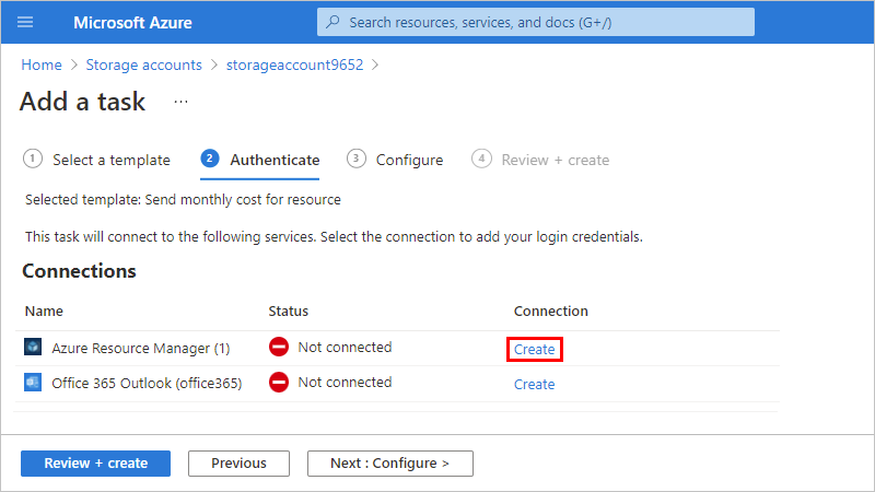 Screenshot, der die ausgewählte Option „Erstellen“ für die Azure Resource Manager-Verbindung zeigt