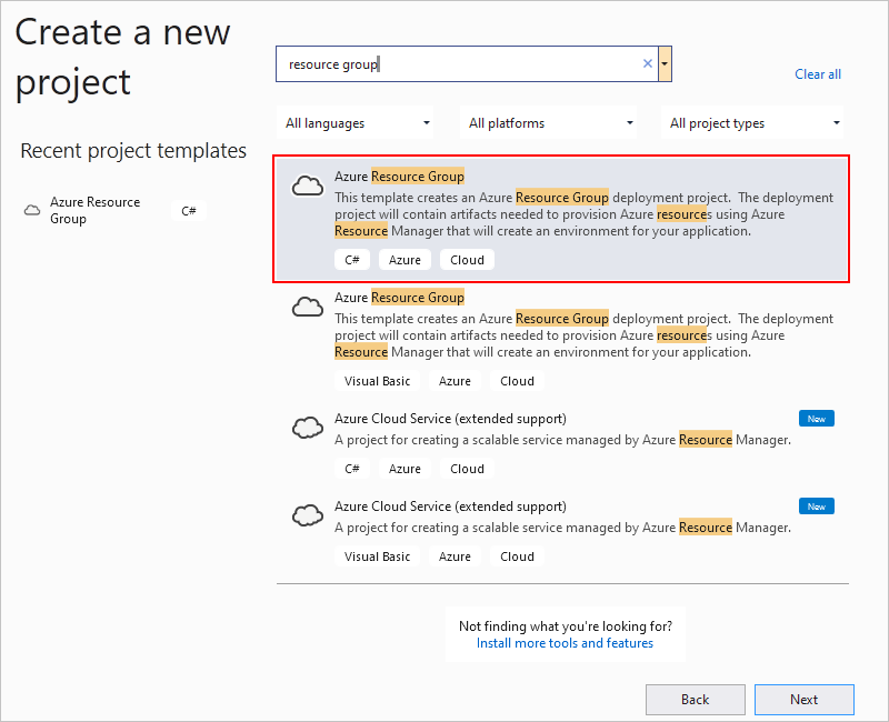 Screenshot: Fenster „Neues Projekt erstellen“ und Suchfeld mit „Ressourcengruppe“ sowie ausgewählter Projektvorlage „Azure-Ressourcengruppe“
