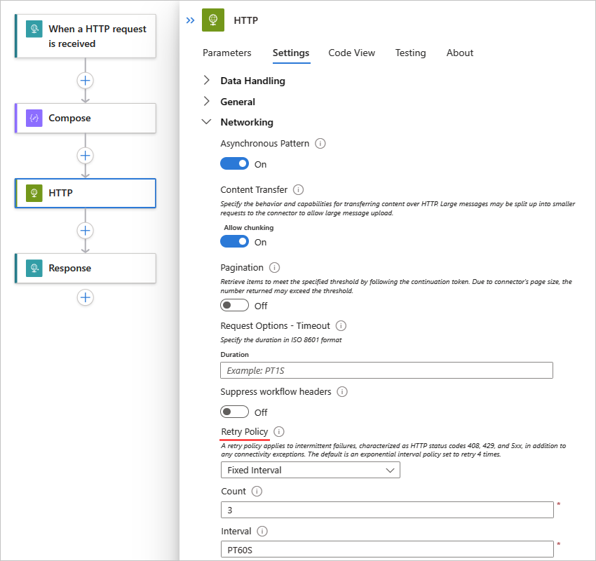 Screenshot des Azure-Portals, der Standardworkflows, der ausgewählten Option HTTP-Aktion, der Registerkarte Einstellungen und der Wiederholungsrichtlinie.