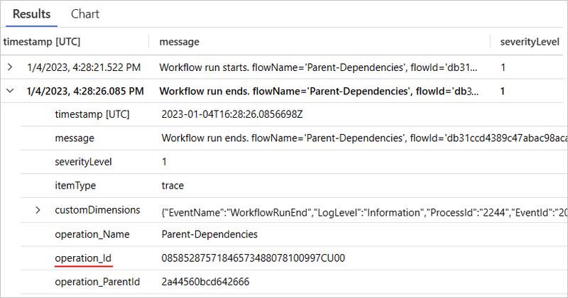 Screenshot von Application Insights, der Registerkarte Ergebnisse für Starts und Ereignisse für eine spezifische Ausführung.