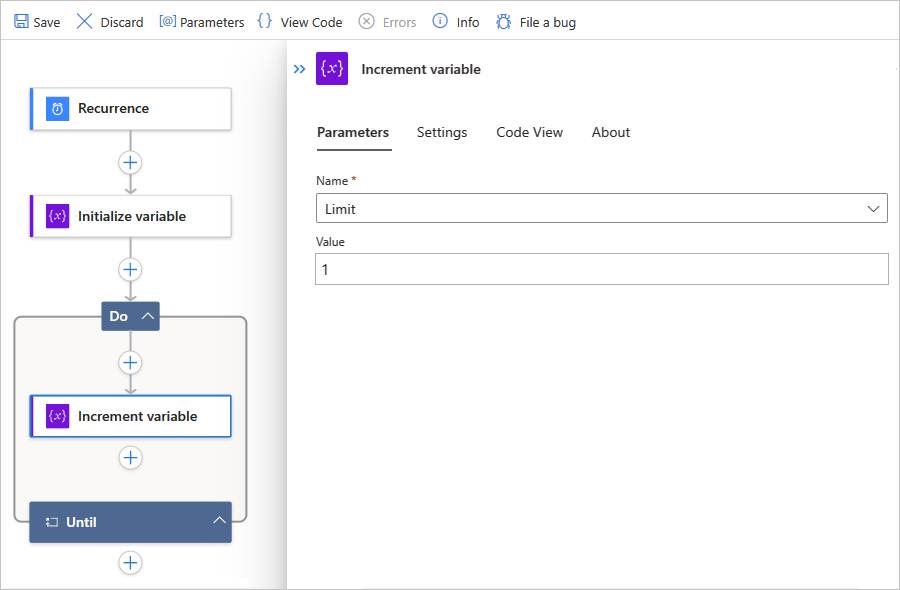 Screenshot eines Standardworkflows und einer integrierten Aktion namens „Until“, deren Name auf die Variable „Limit“ und deren Wert auf „1“ festgelegt ist