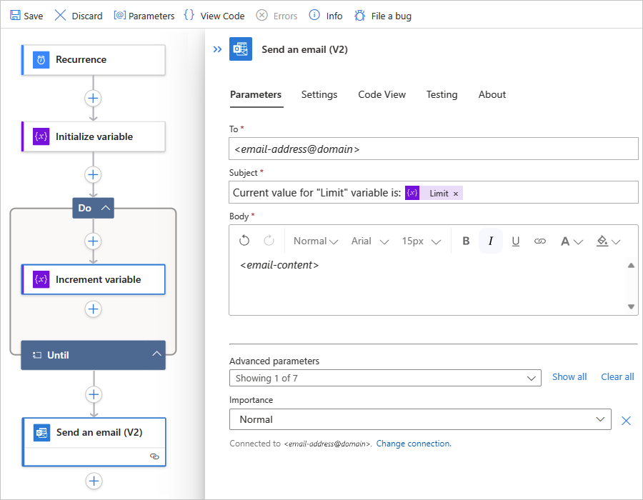 Screenshot eines Standardworkflows und einer Aktion namens „E-Mail senden“ mit Eigenschaftswerten