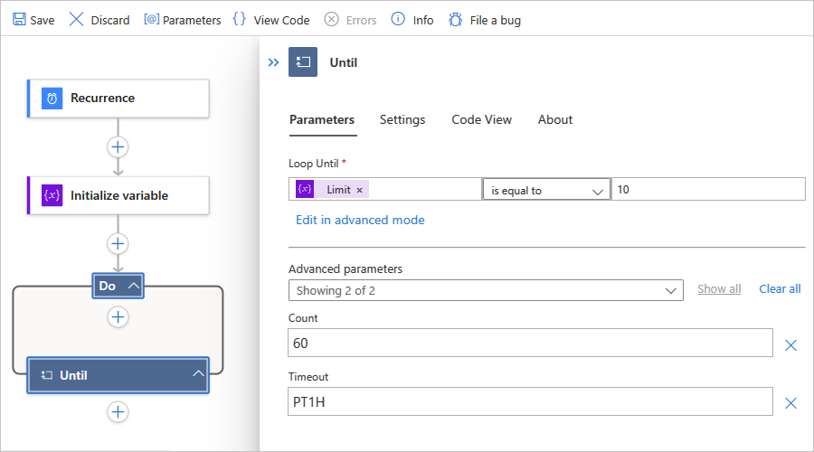 Screenshot eines Standardworkflows und einer integrierten Aktion namens „Until“ mit fertiger Beendigungsbedingung