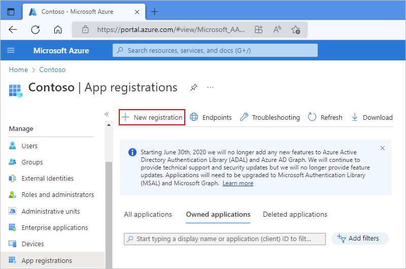 Screenshot: Azure-Portal mit Microsoft Entra-Instanz, Bereich „App-Registrierung“ mit ausgewählter Option „Neue Anwendungsregistrierung“