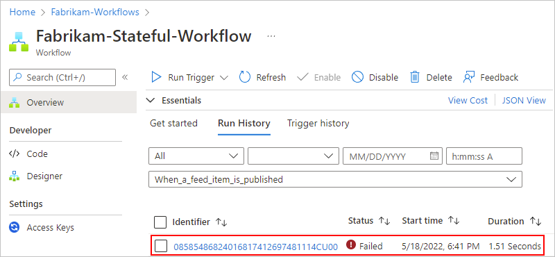 Screenshot des Azure-Portals mit Ausführungen des Standard-Logik-App-Workflows und einer ausgewählten fehlgeschlagenen Ausführung.