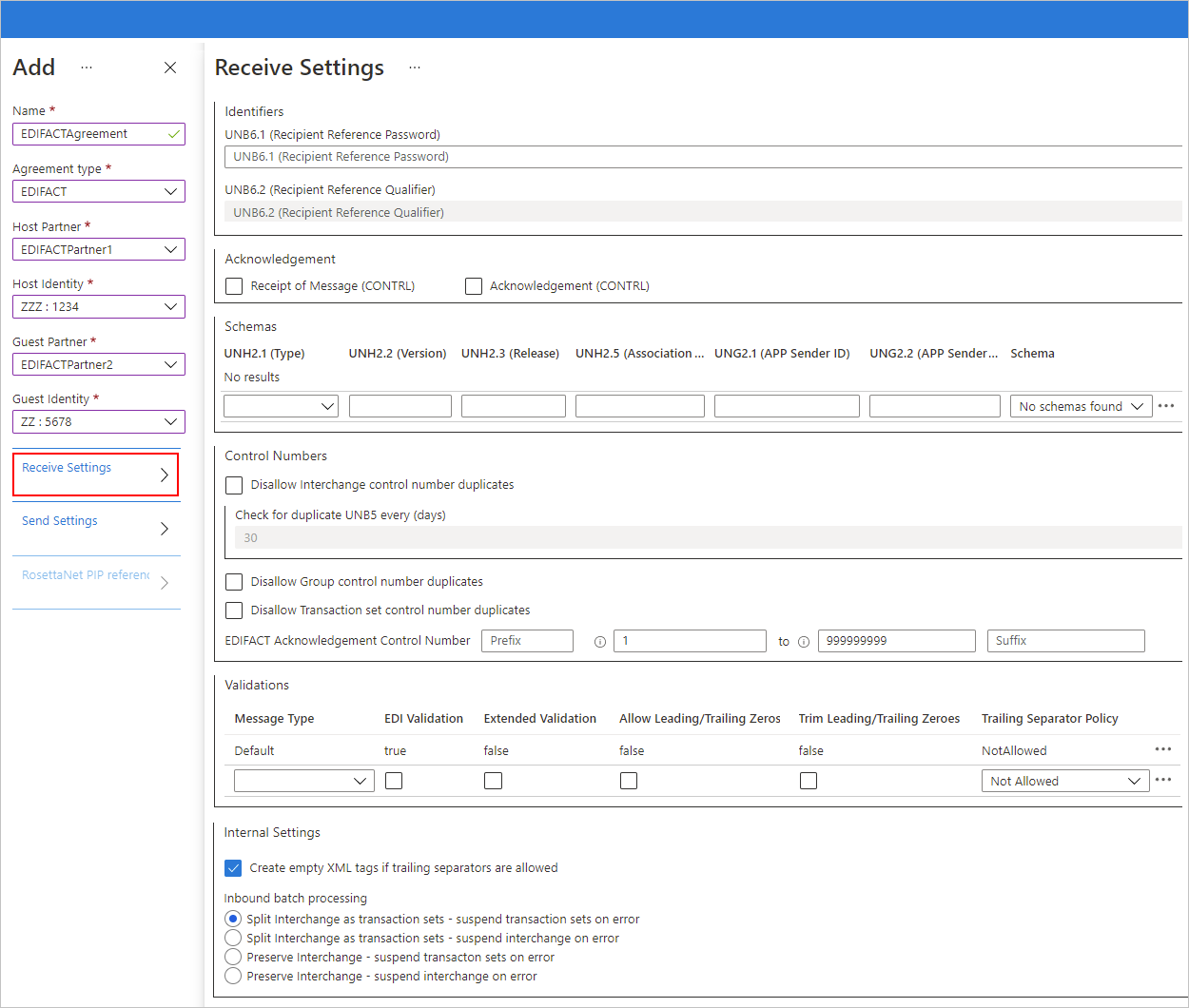 Screenshot: Das Azure-Portal und die EDIFACT-Vereinbarungseinstellungen für eingehende Nachrichten.