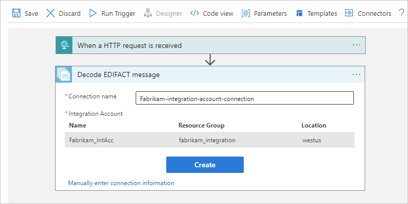 Screenshot des Consumption-Workflow-Designers und Verbindungsbereichs für die Aktion „EDIFACT-Nachricht decodieren“