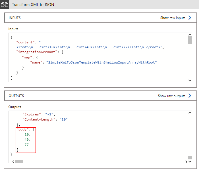 Screenshot: Beispielausgabe für die Transformation von XML in JSON