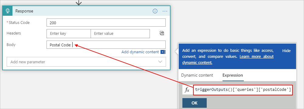 Screenshot des Verbrauchsworkflows mit Gegenmaßnahme und beispielhaftem triggerOutputs()-Ausdruck.