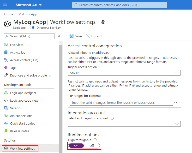 Screenshot des Logik-App-Menüs im Azure-Portal mit den „Workfloweinstellungen“ und dem Wert „Ein“ für die Einstellung „Hoher Durchsatz“