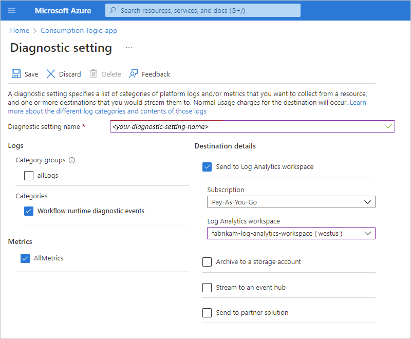 Screenshot des Azure-Portals: Log Analytics-Arbeitsbereich und zu erfassende Daten.