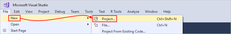 Screenshot des Menüs „Datei“ in Visual Studio mit ausgewählten Optionen „Neu“ und „Projekt“