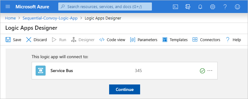 Auswahl von „Weiter“, um eine Verbindung mit Azure Service Bus herzustellen