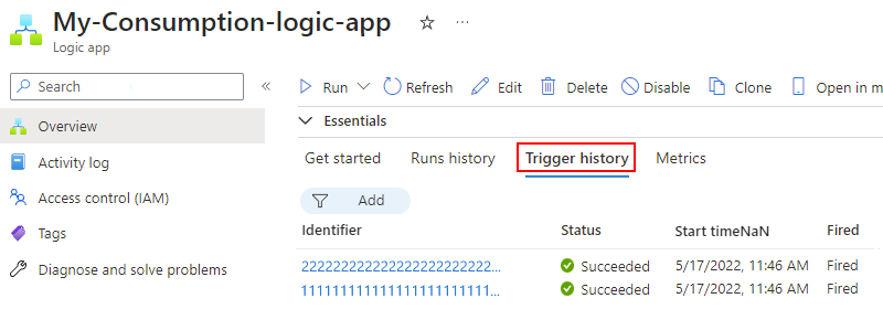 Screenshot zeigt die Übersichtsseite mit dem Workflow für die Verbrauch-Logik-App und mehreren Auslöserversuchen für verschiedene Elemente.