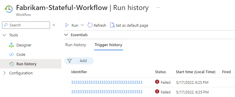 Screenshot zeigt die Seite Standardworkflow und Ausführungsverlauf mit der Registerkarte Auslöserverlauf, die mehrere Auslöserversuche für verschiedene Elemente anzeigt.