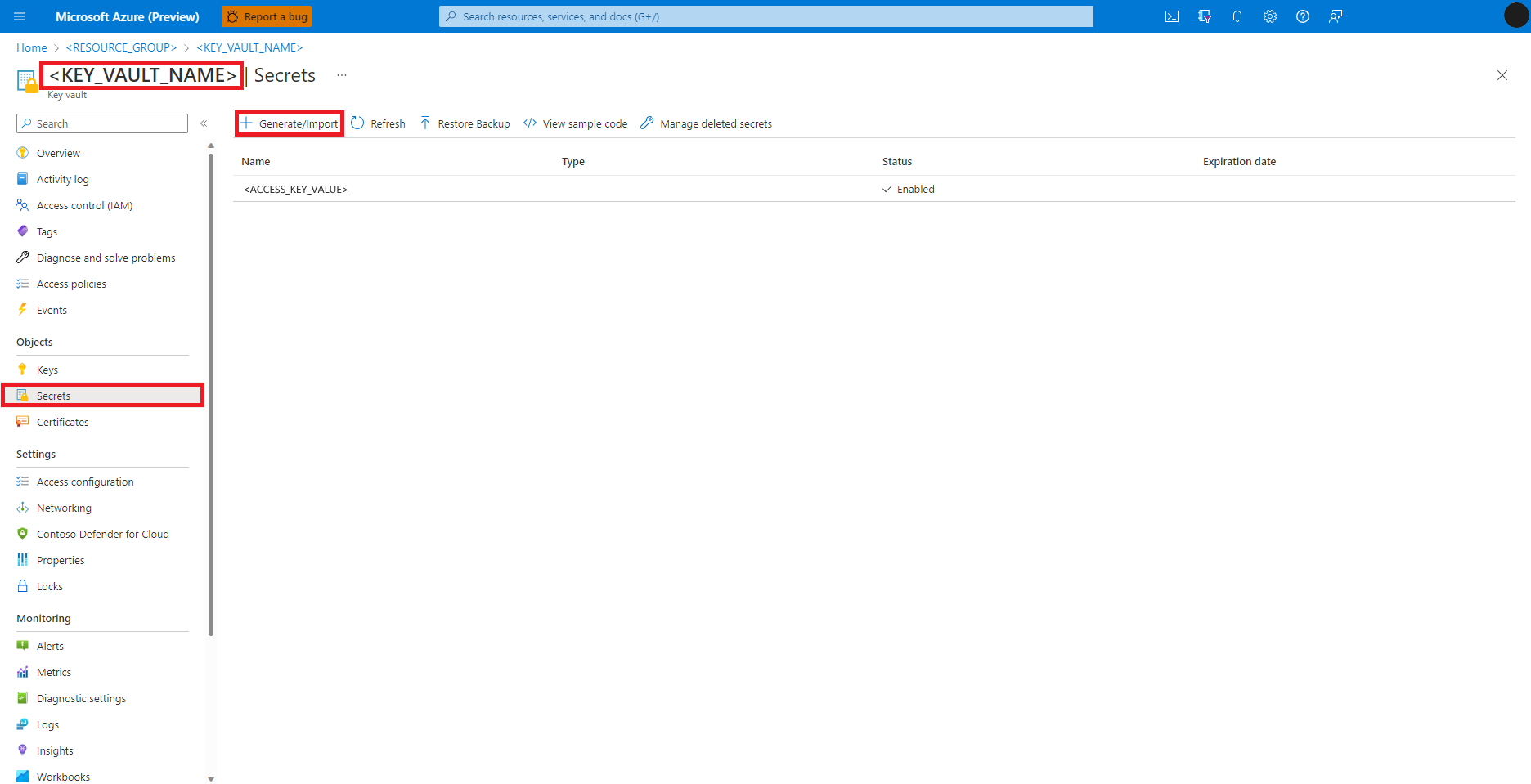 Screenshot: Die Registerkarte „Generieren/Importieren“ der Azure Key Vault-Instanz.