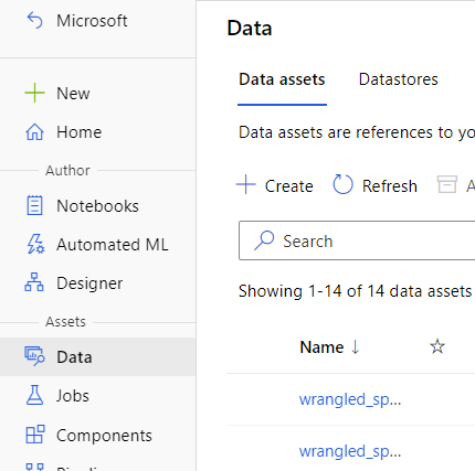 Screenshot hebt „Erstellen“ auf der Registerkarte „Datenressourcen“ hervor.