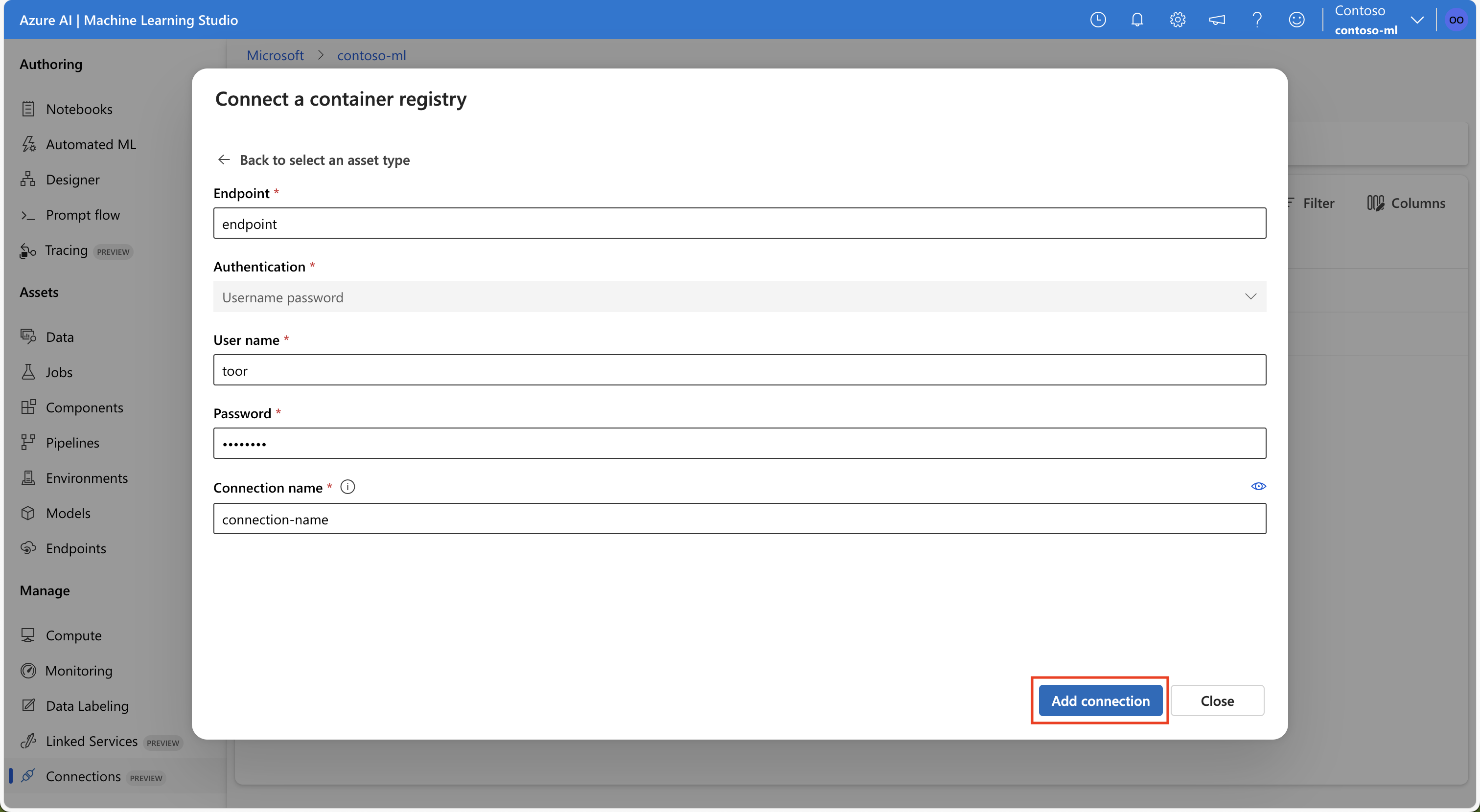 Screenshot: Eingabefelder zum Herstellen einer Verbindung mit einer generischen Containerregistrierung in der Benutzeroberfläche von Azure Machine Learning Studio.