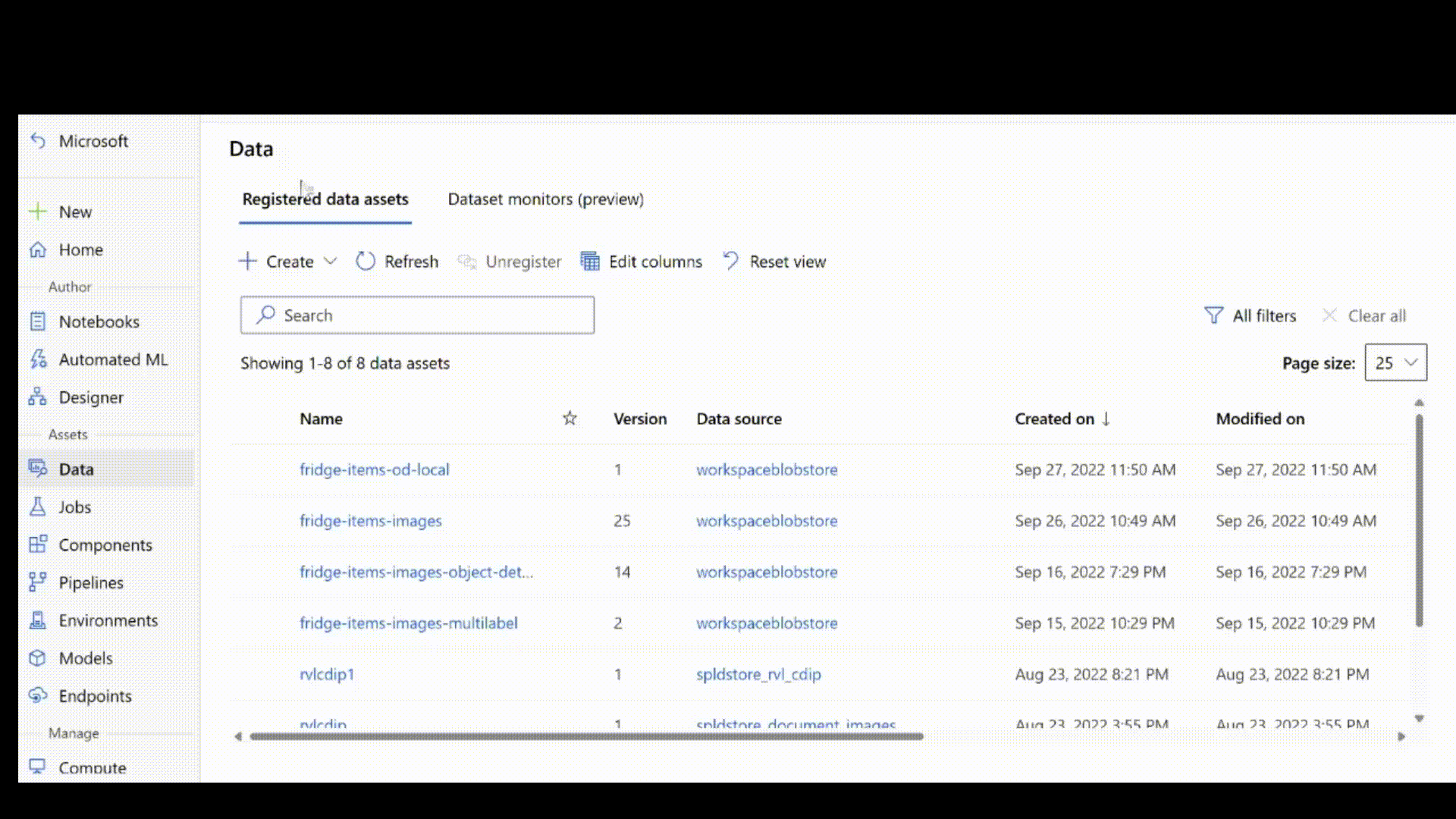 Animation, die die Registrierung eines Datasets aus bereits im Datenspeicher vorhandenen Daten zeigt.