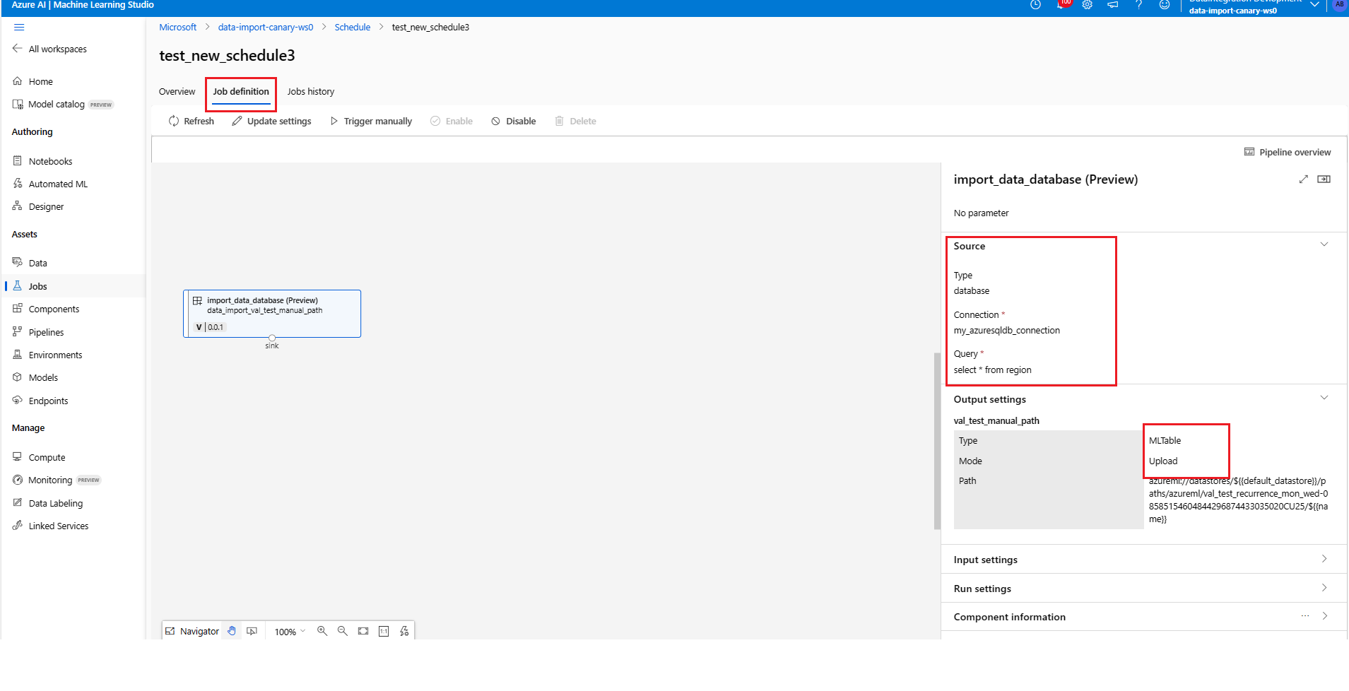 Screenshot der Registerkarte „Auftragsdefinition“ auf der Seite mi den Zeitplandetails.