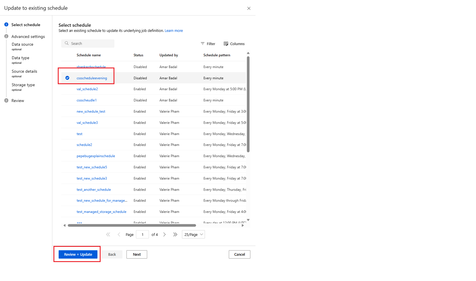 Screenshot: Aktualisieren eines ausgewählten Zeitplans mit Registerkarte zum Auswählen des Zeitplans