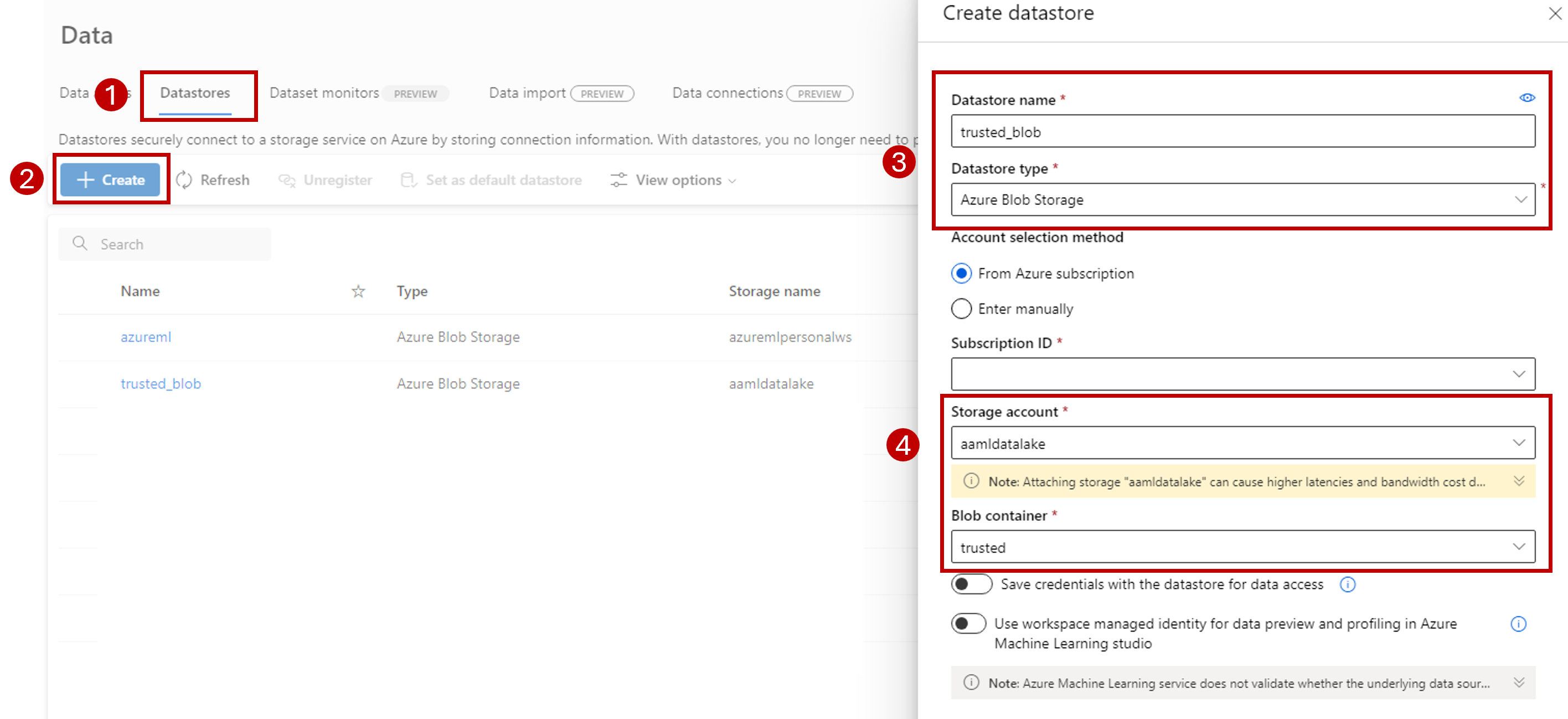 Screenshot, der zeigt, wie Sie den Azure Machine Learning-Datenspeicher konfigurieren.