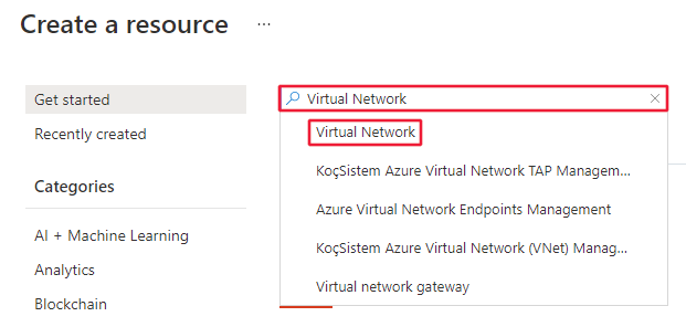 Screenshot: Formular zum Suchen von Ressourcen, in dem ein virtuelles Netzwerk ausgewählt ist